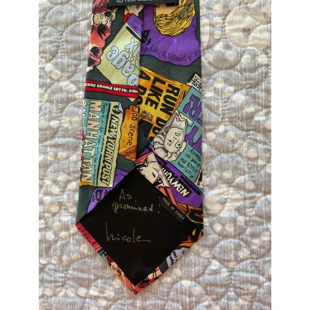 Nicole Miller Vintage 1991 HAND-SIGNED Silk Tie 80s New York Post Headlines 58x4